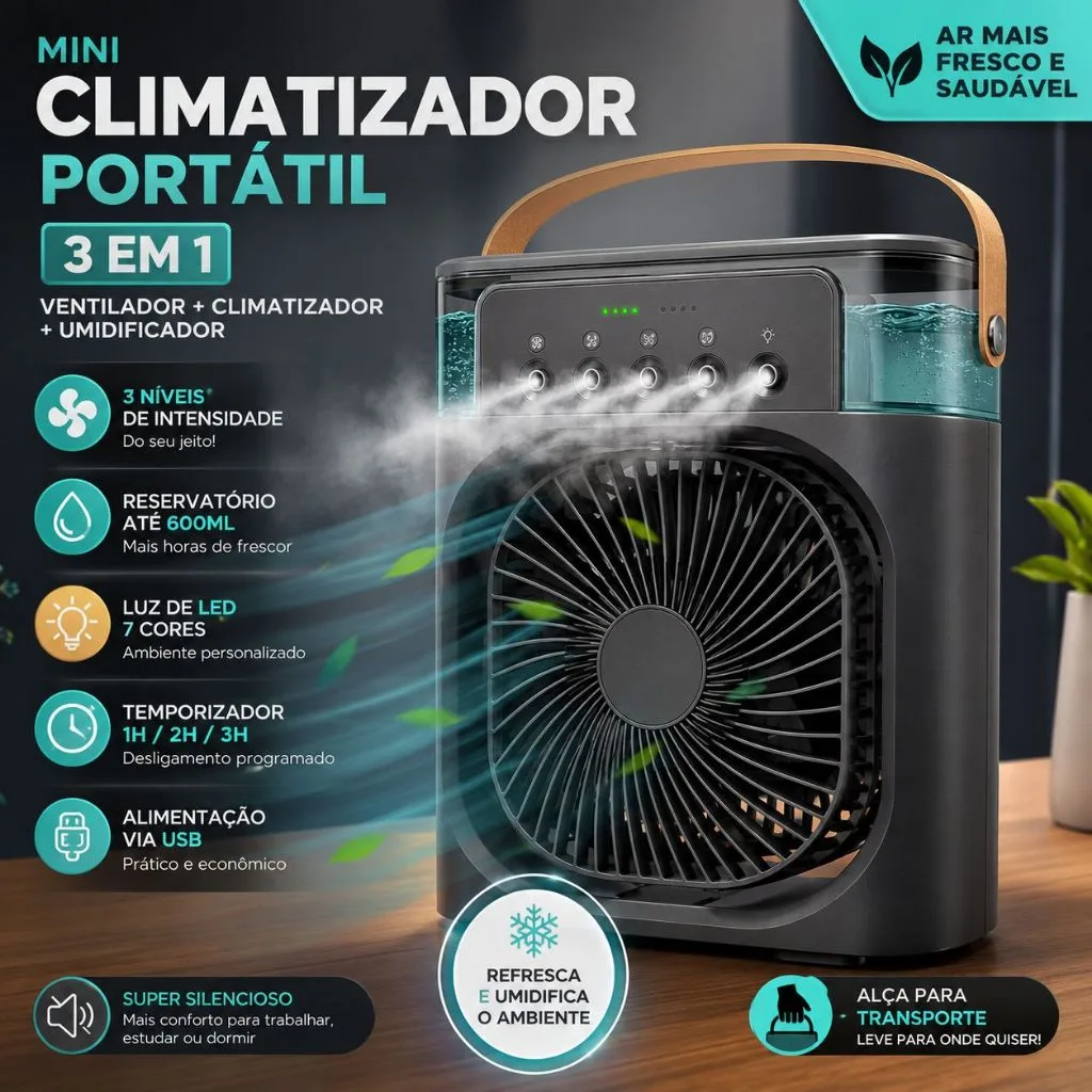 Mini climatizador USB com LED para quarto