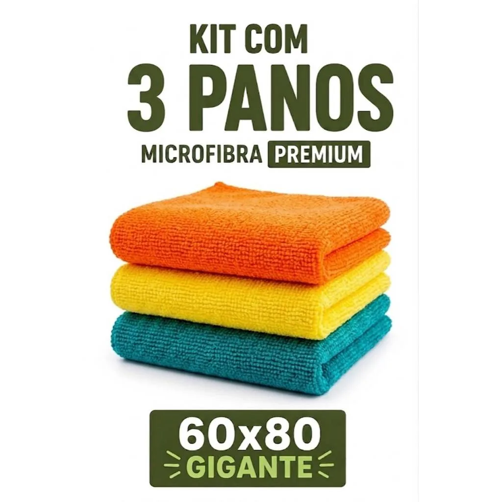 Kit com 3 panos de microfibra para limpeza automotiva
