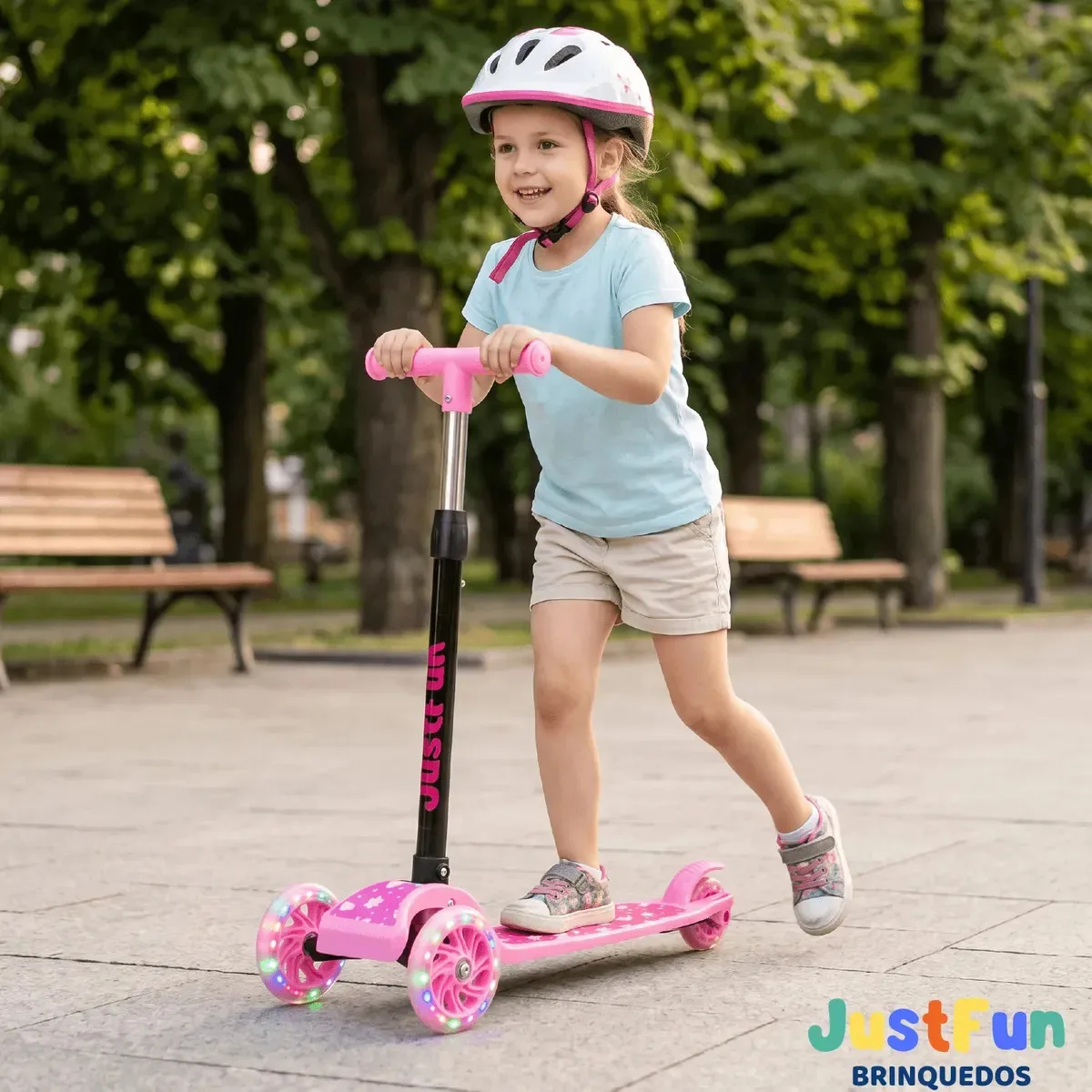 Patinete infantil JustFun de três rodas com LED