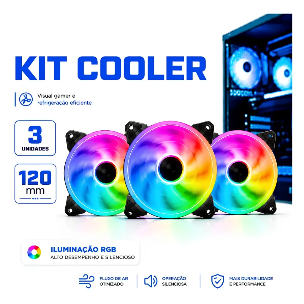 Kit com 3 ventoinhas RGB para gabinete de PC