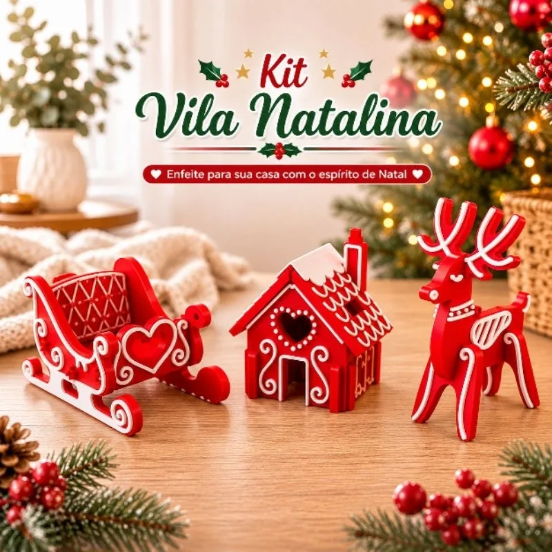 Kit decorativo natalino com trenó, casinha e rena