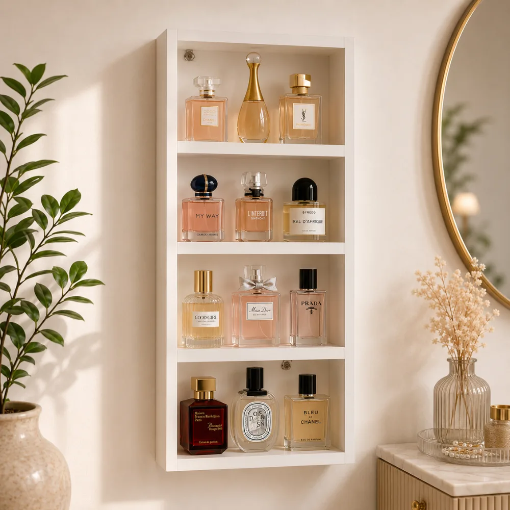 Expositor de parede para perfumes e maquiagem
