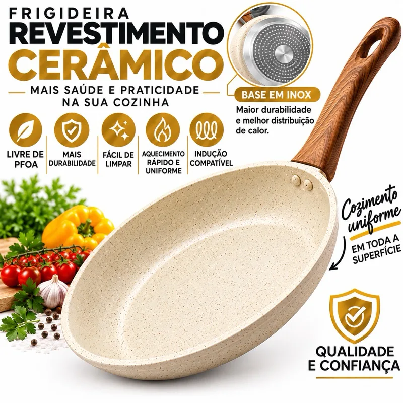 Frigideira Antiaderente Não Usa Óleo Cerâmica Vanilla Cream Fundo Triplo Premium Indução