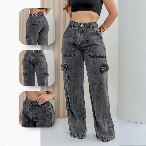 Calça jeans feminina cargo de cintura alta