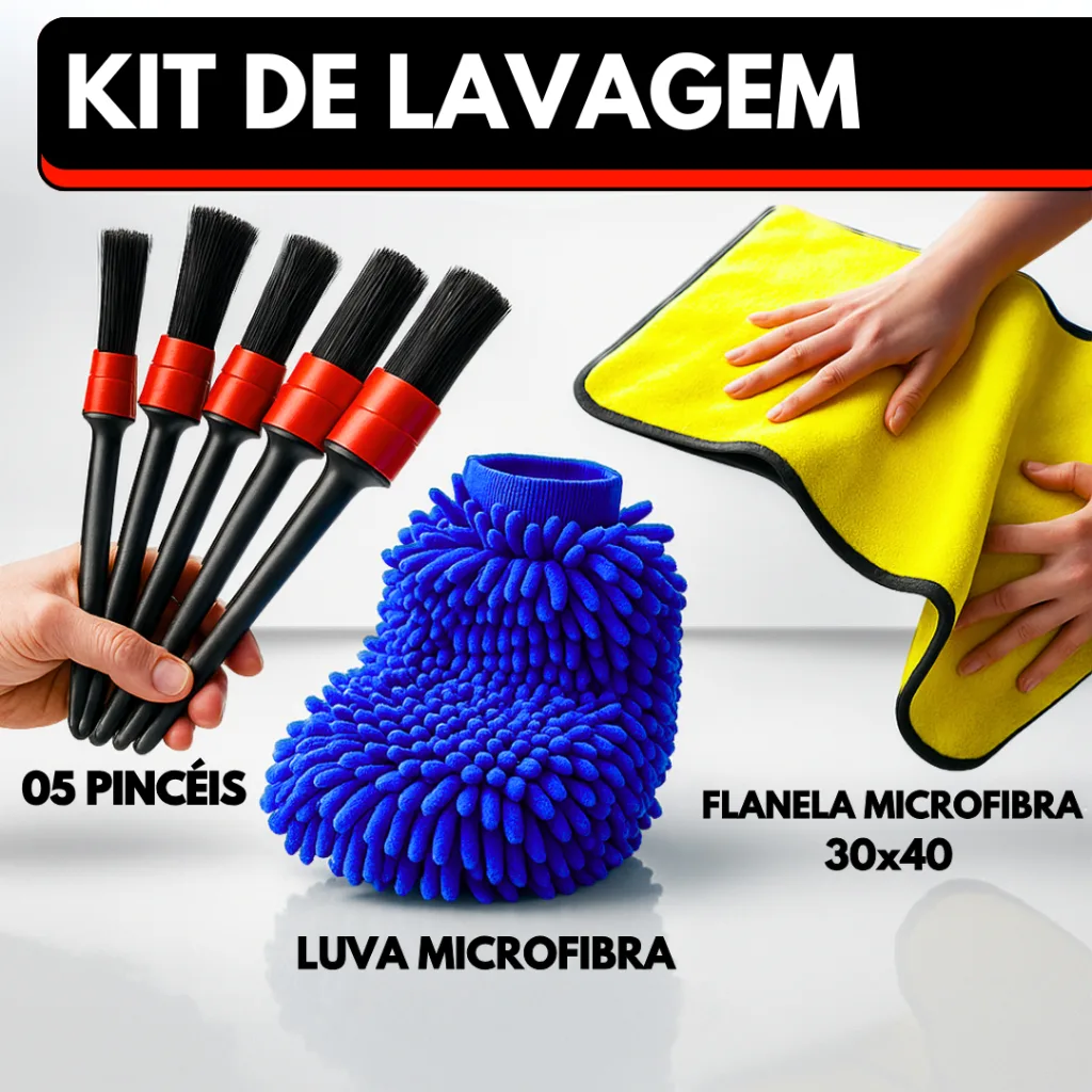 Kit automotivo para limpeza com flanela e pincéis