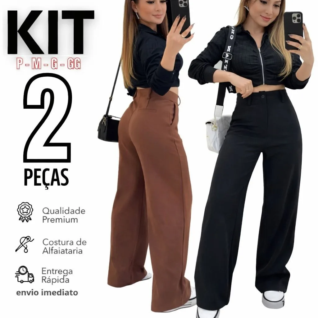 Kit 2 Calça Alfaiataria PREMIUM Cintura Alta Com Bolso