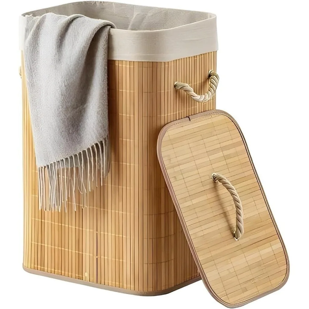 Cesto de Roupa Suja de Bambu Dobrável