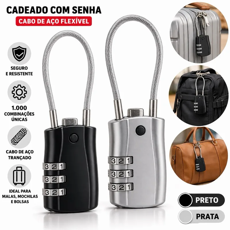 Cadeado com cabo de aço para bagagem