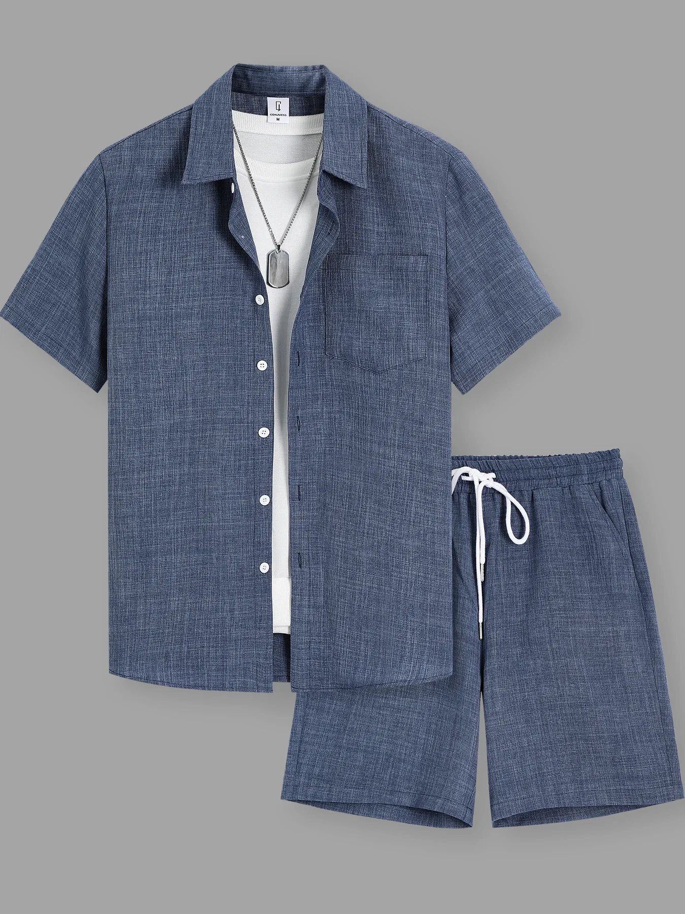 Conjunto masculino de camisa e bermuda em algodão e linho