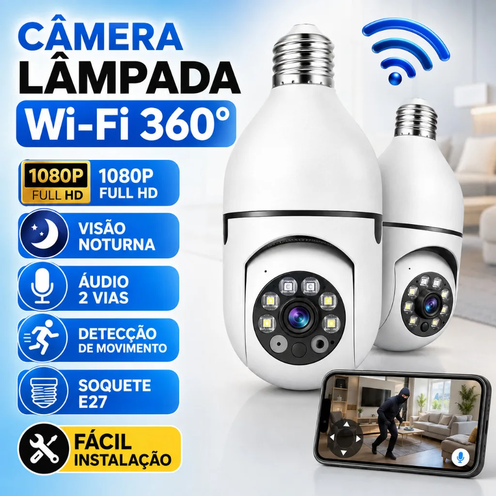 Câmera de segurança Wi-Fi para soquete de lâmpada