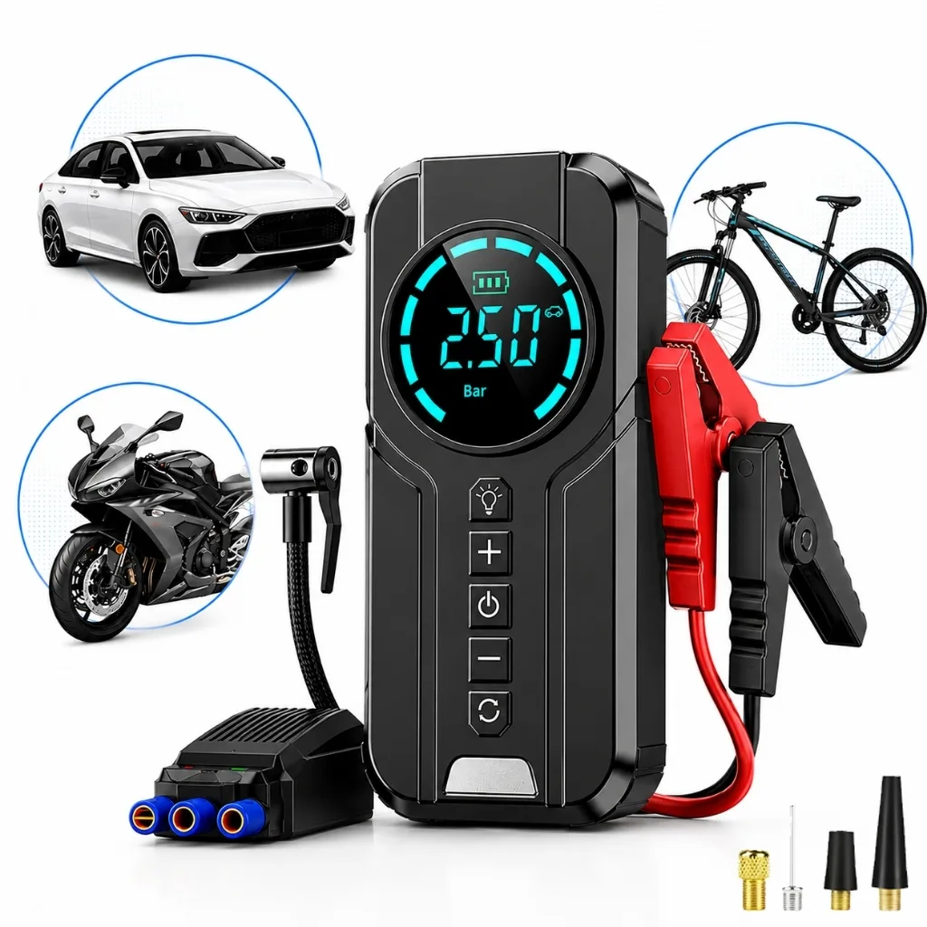 Auxiliar de partida automotivo com compressor portátil