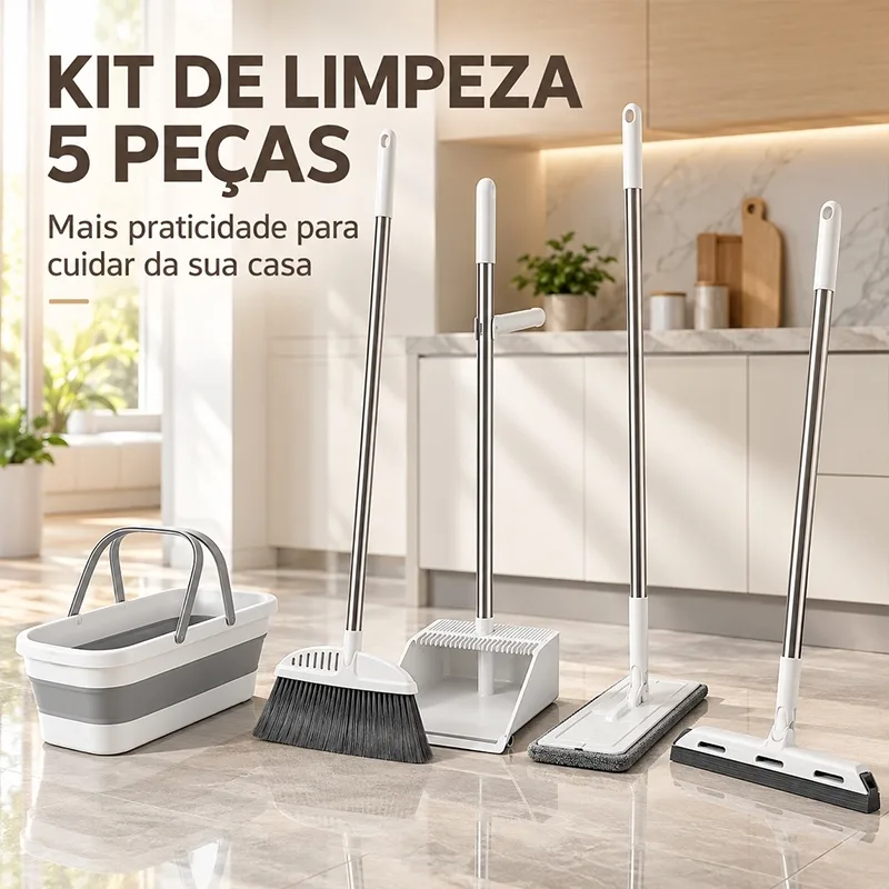 Kit de limpeza com vassoura, rodo e balde