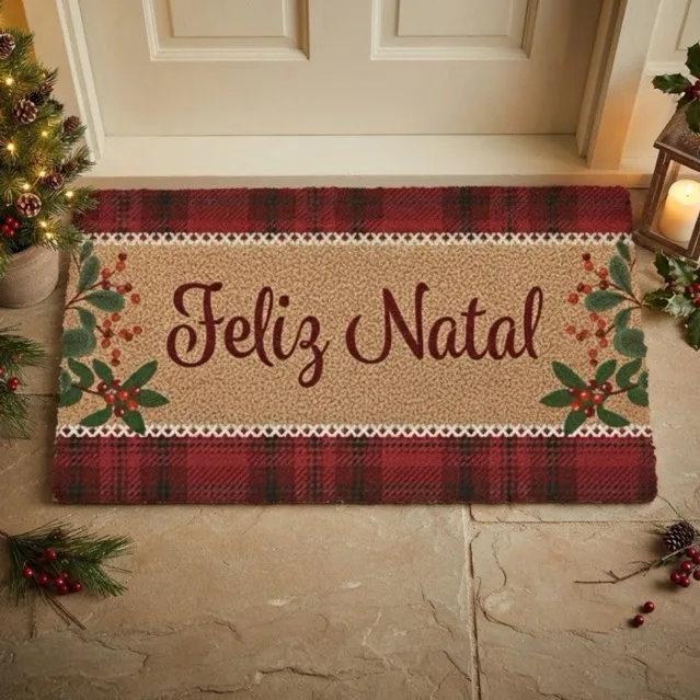 Tapete de Natal antiderrapante em fibra de coco