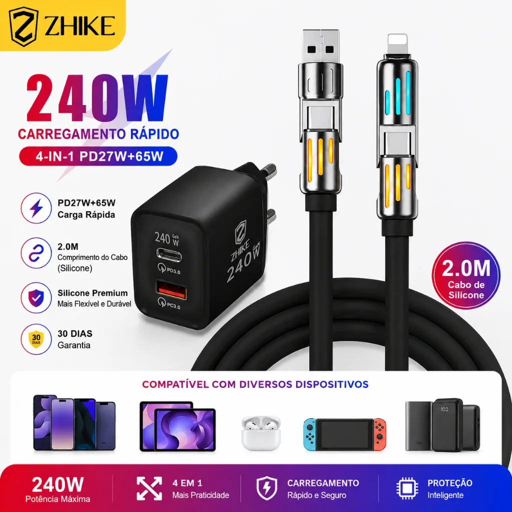 Cabo carregador 4 em 1 com adaptador GaN