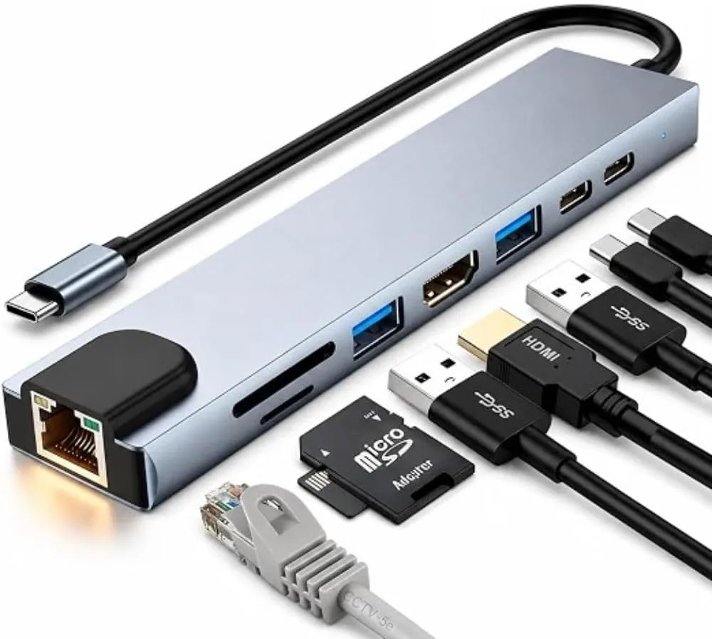 Adaptador hub USB-C 8 em 1 com HDMI e RJ45