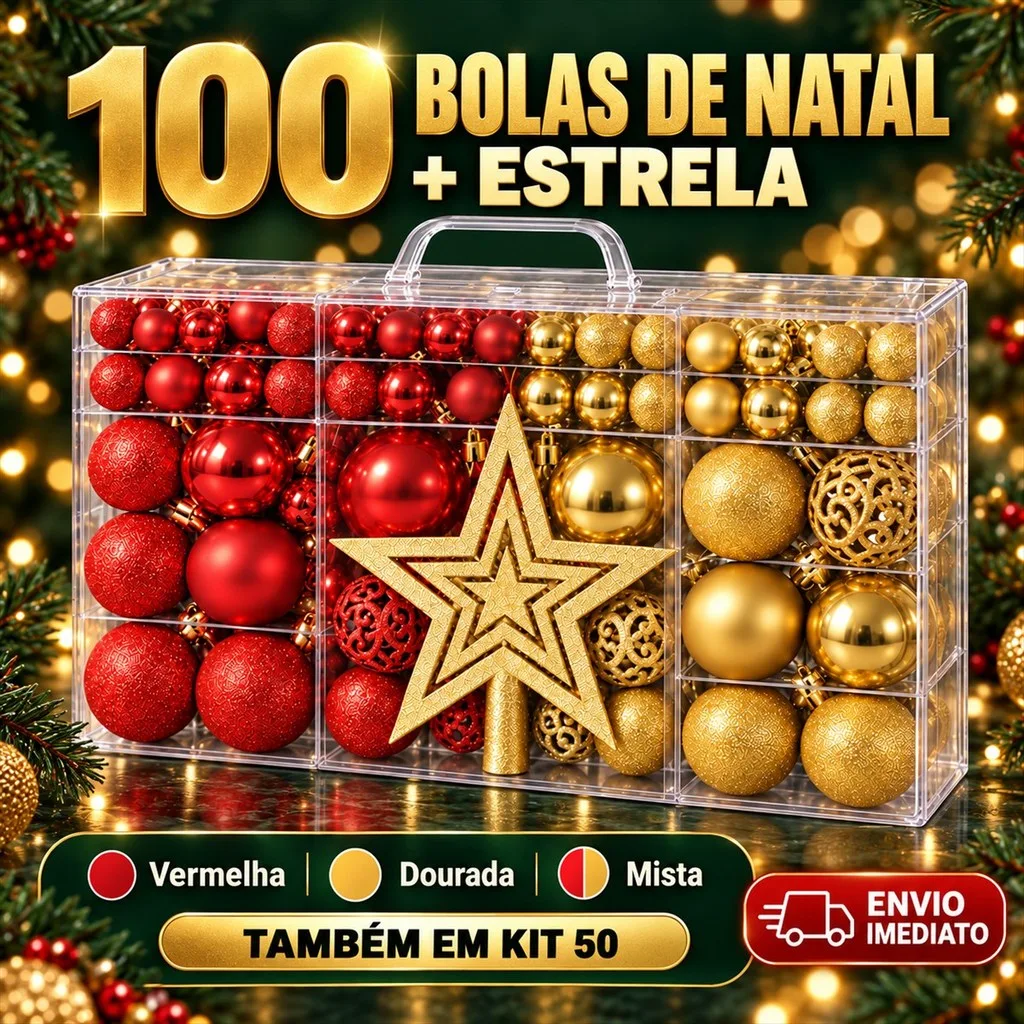 Enfeites natalinos para árvore com bolas e estrela