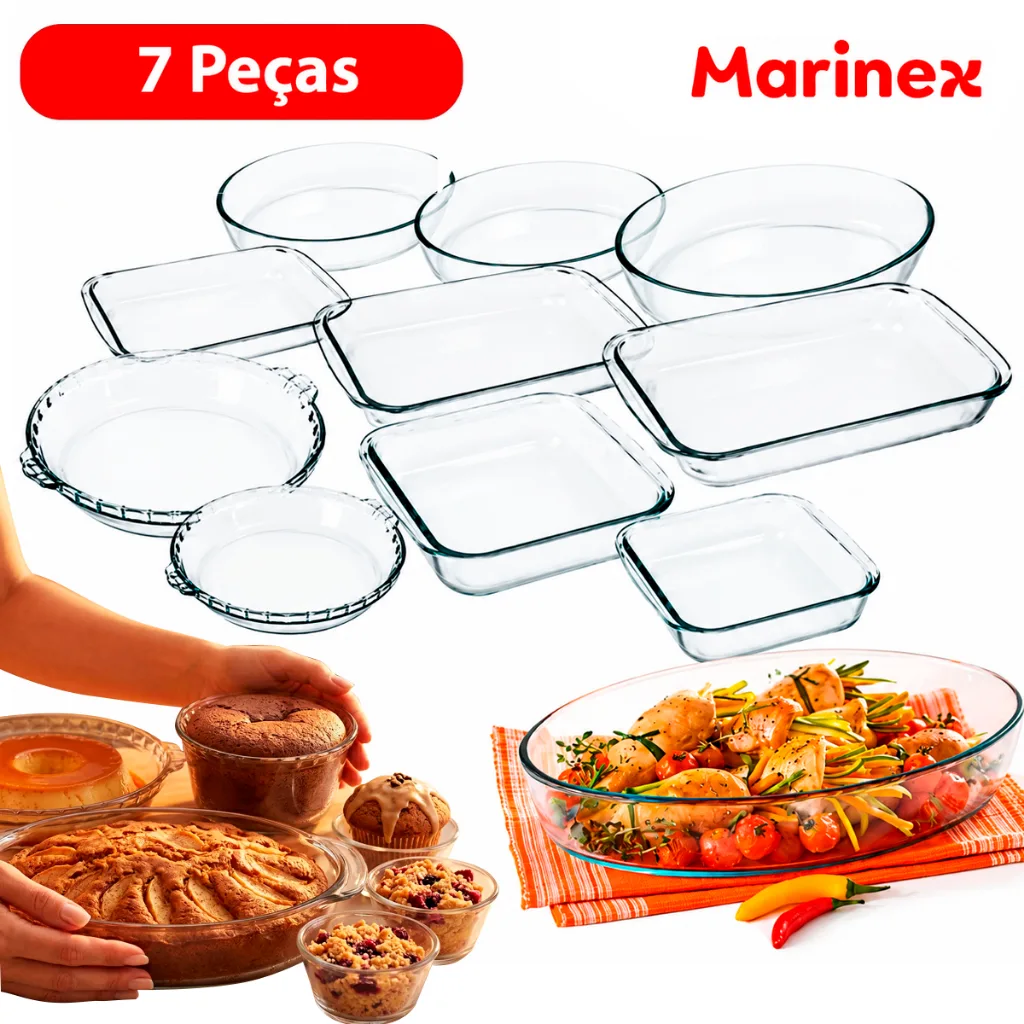 Conjunto Marinex com 7 travessas de vidro temperado