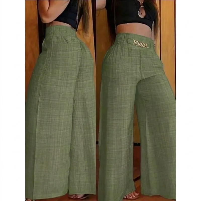 Calça Pantalona de Linho com Cinto Fake, Cintura Alta e Bolsos