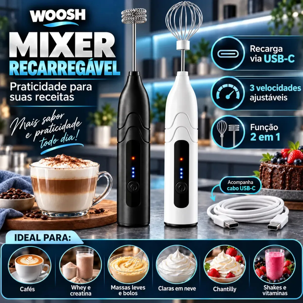 Mixer elétrico portátil Woosh recarregável